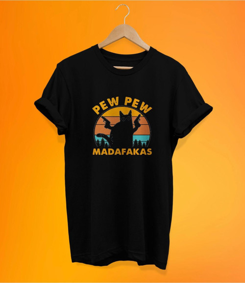 Silahlı Kedi Baskılı Siyah, %100 Pamuk Basic (Normal Beden) T-Shirt