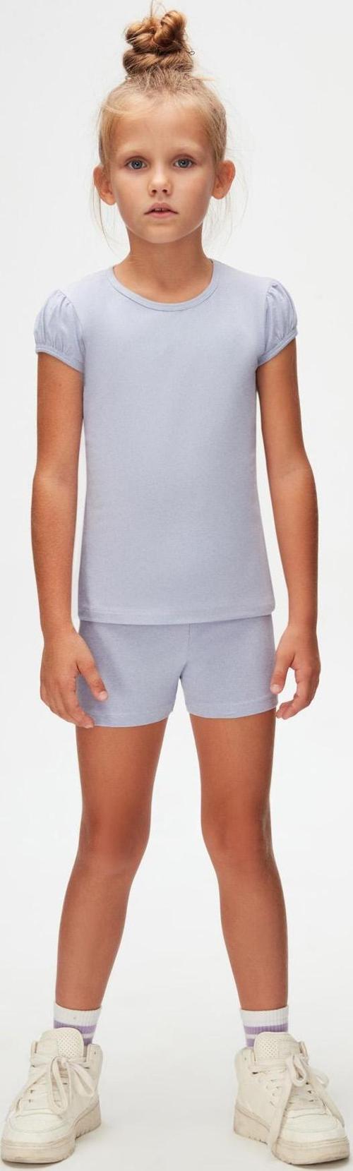 Açık Lila Basic Kız Çocuk Sıfır Yaka Karpuz Kol Tişört