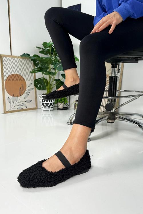 Günlük Kadın Babet Lastikli Alçak Topuklu Tırtıklı Taban Peluş Hafif Oval Burunlu Ayakkabı 345