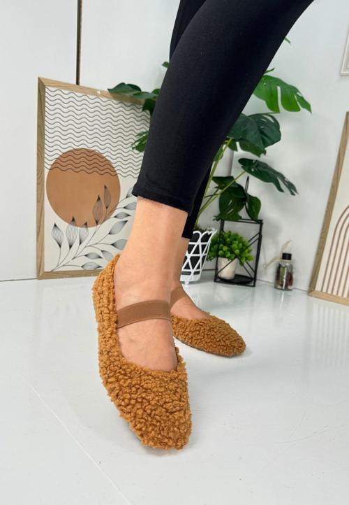 Günlük Kadın Babet Lastikli Alçak Topuklu Tırtıklı Taban Peluş Hafif Oval Burunlu Ayakkabı 345