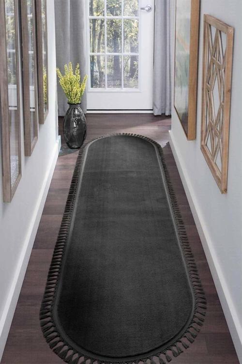 Tüylü Peluş Oval Örgü Saçaklı Peluş Yolluk Yumuşacık Yıkanabilir Antre Hol Koridor Halı Antrasit
