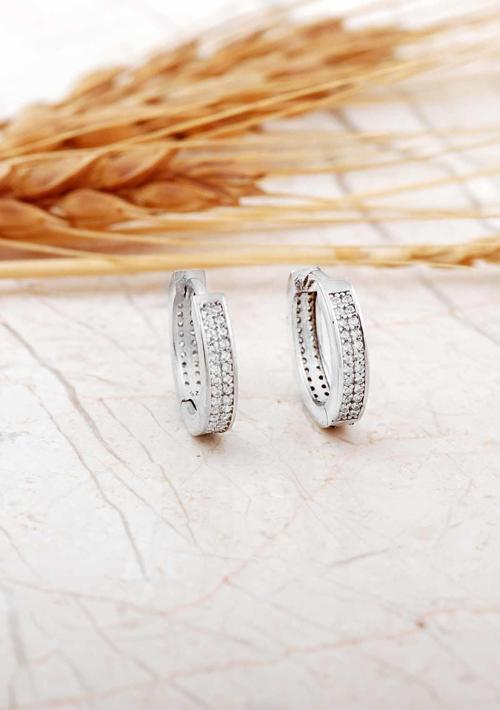 Taşlı Rodyumlu 1,2 Cm Gümüş Halka Küpe 7306