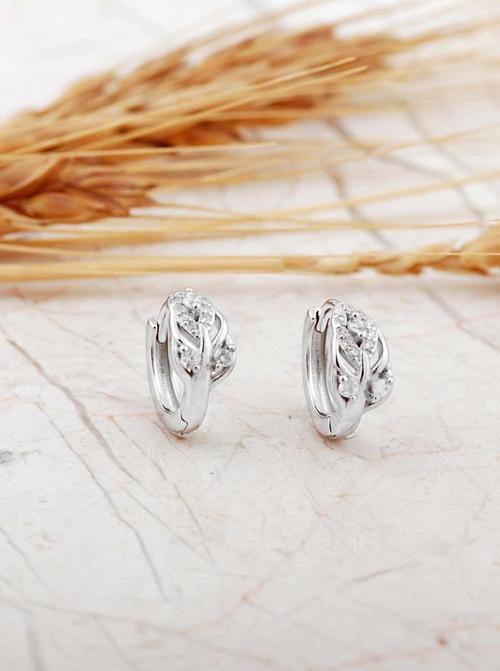 Taşlı Rodyumlu Yaprak Gümüş Mini Halka Küpe 7316