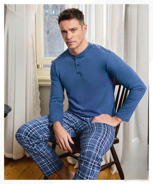 Erkek Düğme Yaka Uzun Kol Mevsimlik Pijama Takımı 6810/14 - 1 Adet