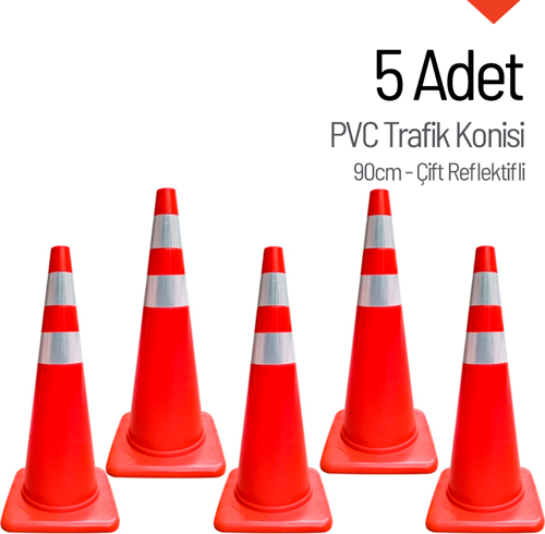 5'li PVC Trafik Konisi Seti 90 cm Çift Reflektifli 