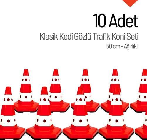 10 Adet Klasik Kedi Gözlü Trafik Konisi 50 cm Trafik Dubası