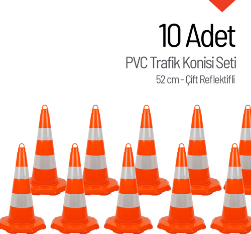 10 Adet PVC Trafik Konisi 52 cm Çift Reflektifli Trafik Dubası Seti