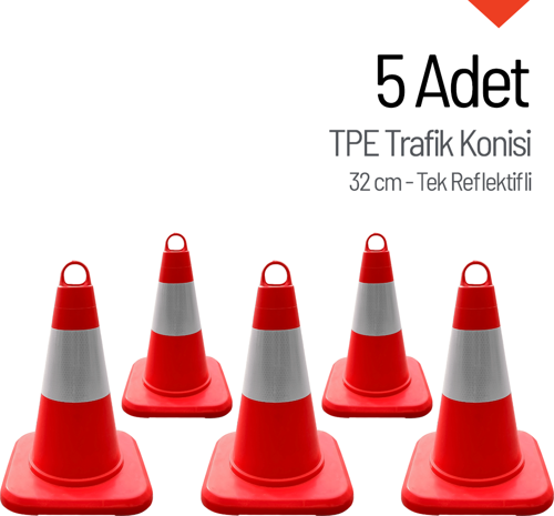 5'li TPE Trafik Konisi Seti 32 cm Tek Reflektifli Trafik Dubası