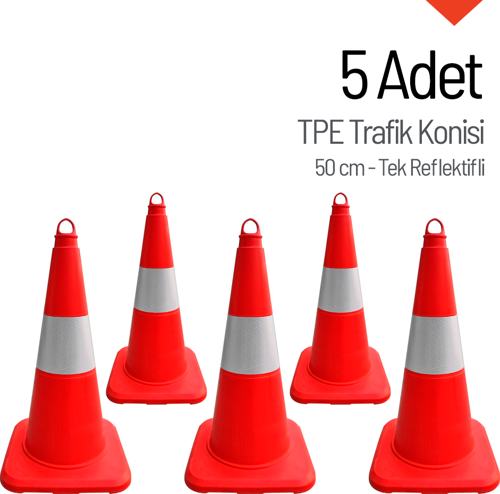 5'li TPE Trafik Konisi Seti 50 cm Tek Reflektifli Trafik Dubası