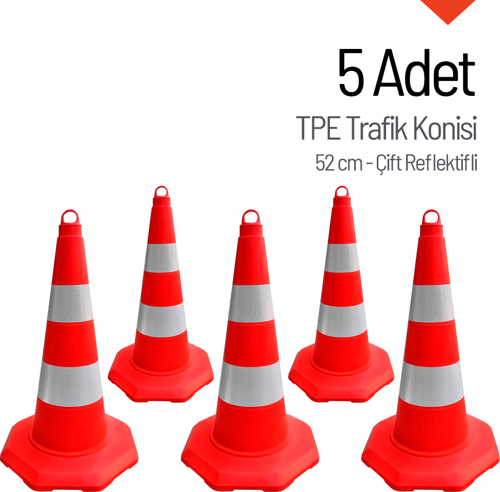 5'li TPE Trafik Konisi Seti 52 cm Çift Reflektifli Trafik Dubası