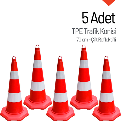 5'li TPE Trafik Konisi Seti 70 cm Çift Reflektifli Trafik Dubası