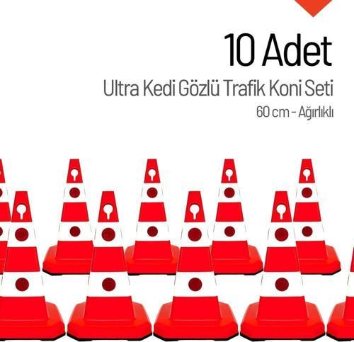 10 Adet Ultra Kedi Gözlü Trafik Konisi Ağırlıklı 60cm Trafik Dubası