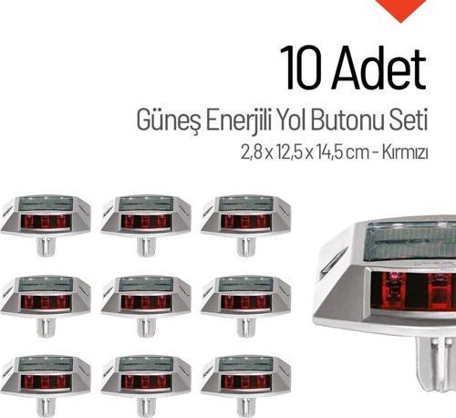 10'lu Set Kırmızı Güneş Enerjili Çakar Yol Butonu, Ankrajlı