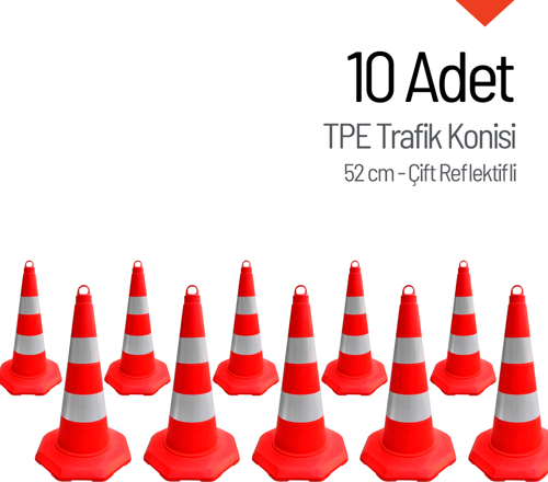 10'lu TPE Trafik Konisi Seti 52 cm Çift Reflektifli Trafik Dubası