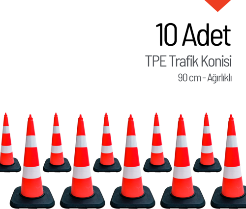 10'lu TPE Trafik Konisi Seti 90 cm Ağırlıklı Çift Reflektifli Trafik Dubası