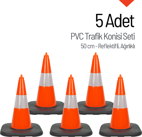 5 Adet PVC Trafik Konisi 50 cm Reflektifli Ağırlıklı Trafik Dubası Seti