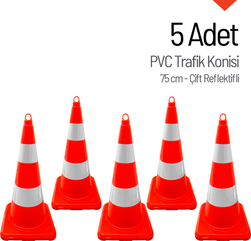 5 Adet PVC Trafik Konisi 75 cm Çift Reflektifli Trafik Dubası