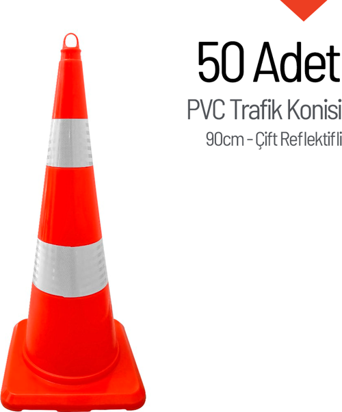 50 Adet PVC Trafik Konisi 90 cm Çift Reflektifli Trafik Dubası Seti