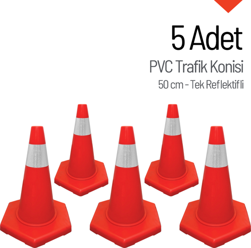 5'li PVC Trafik Konisi Seti 50 cm Tek Reflektifli Trafik Dubası