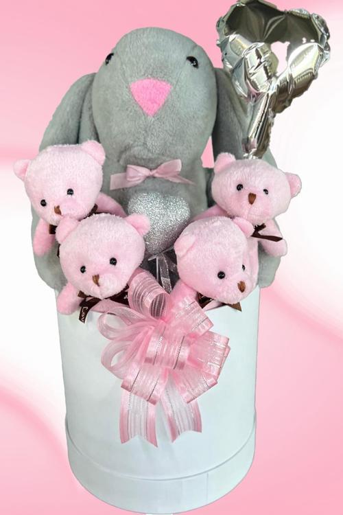 Premium Özel Kutusunda; 45 cm Gri Bunny Tavşan, Simli Kalp 4 Pembe Ayıcık ve Kalp Balonlu Buket
