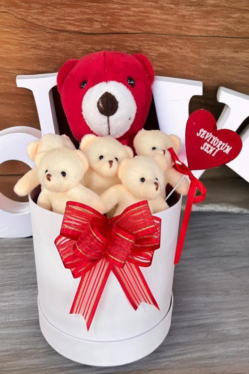Premium Özel Kutusunda Kırmızı Ayıcık ve  Ekru Peluş Ayıcık Buketi, Sevgiliye, Doğum Gününe Hediye