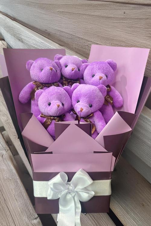 Sevgiliye Özel Mor Konsept Romantik Peluş Ayıcık Buketi