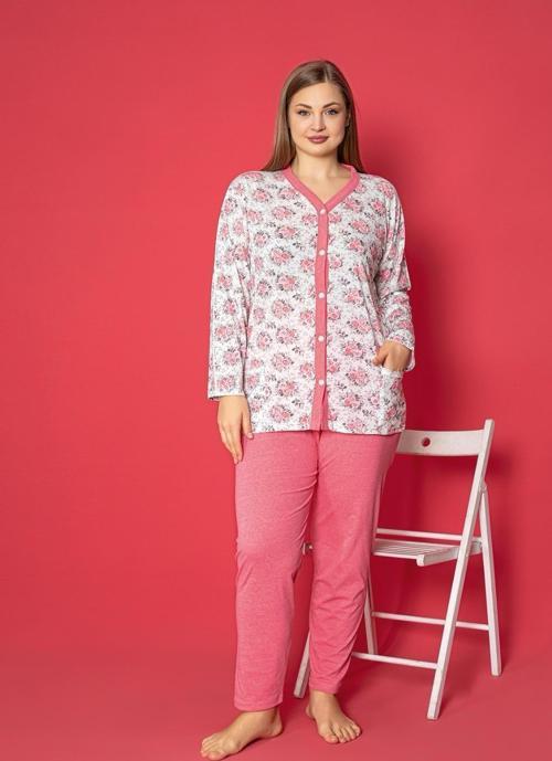 X-Dreamy Büyük Beden Pamuklu Cepli Çiçekli Önden Düğmeli Pijama Takımı