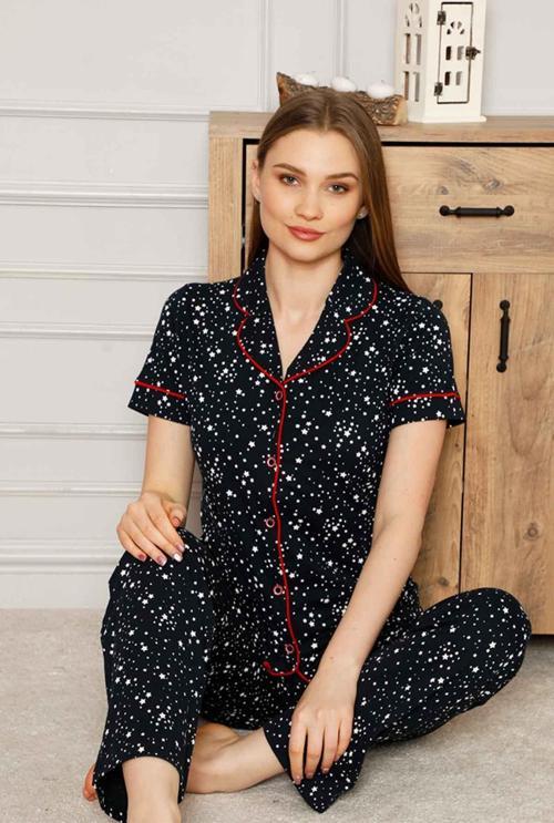 Dreamy Pamuklu Yıldız Desenli Biyeli Kısa Kollu Gömlek Pijama Takımı