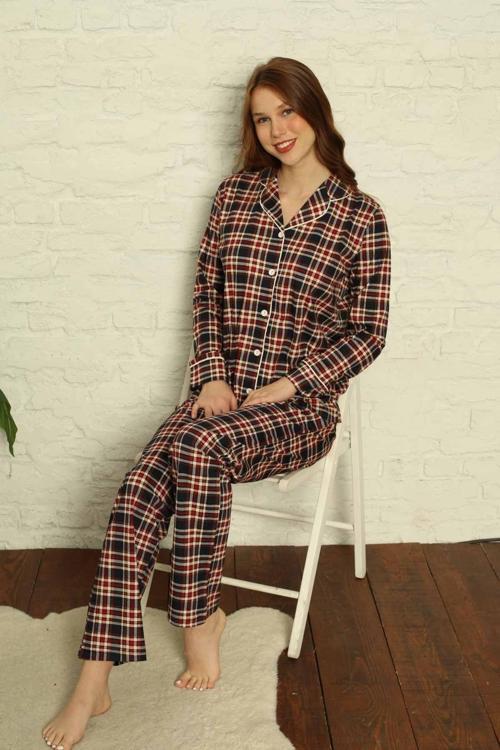 Dreamy Ekoseli Pamuklu Biyeli  Uzun Kollu Gömlek Pijama Takımı