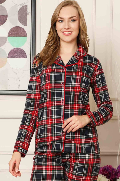 Dreamy Ekoseli Pamuklu Biyeli Uzun Kollu Gömlek Pijama Takımı