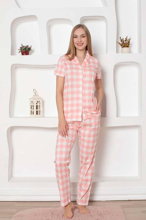 Exclusive Pamuklu Kareli Kısa Kollu Önden Düğmeli Gömlek Pijama Takımı
