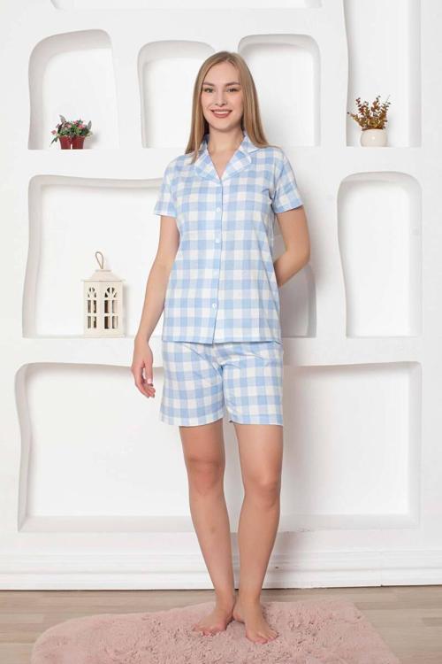 Exclusive Pamuklu Kareli Kısa Kollu Şortlu Gömlek Pijama Takımı