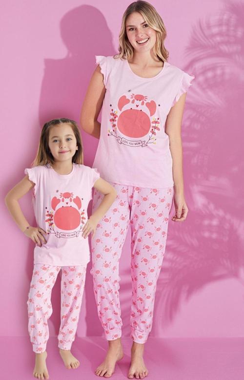Anne Kız Kombin Desenli Viskon Fırfır Kollu Pijama Takımı (ANNE KIZ AYRI SATILIR)
