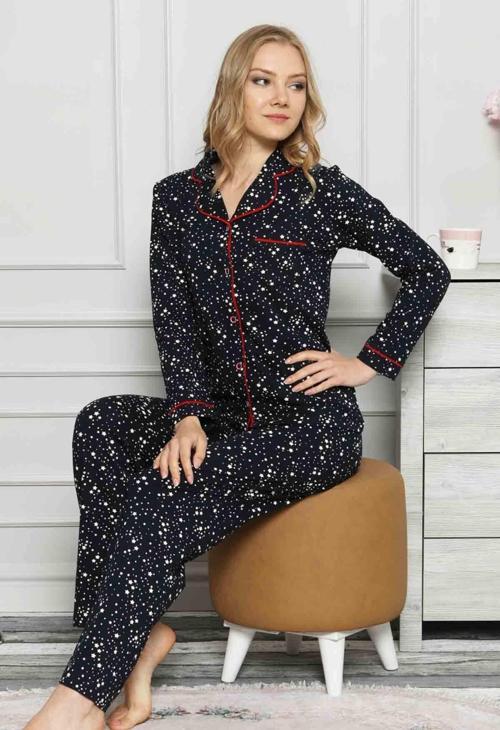 Dreamy Yıldız Desenli Biyeli Gömlek Pijama Takımı