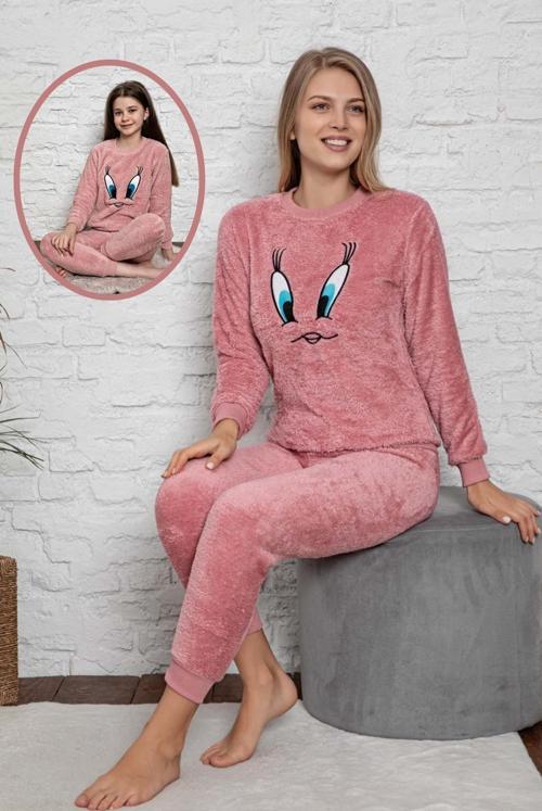Civciv Desenli Anne Kız Çocuk Kombin Peluş Pijama Takımı (ANNE KIZ AYRI SATILIR.)