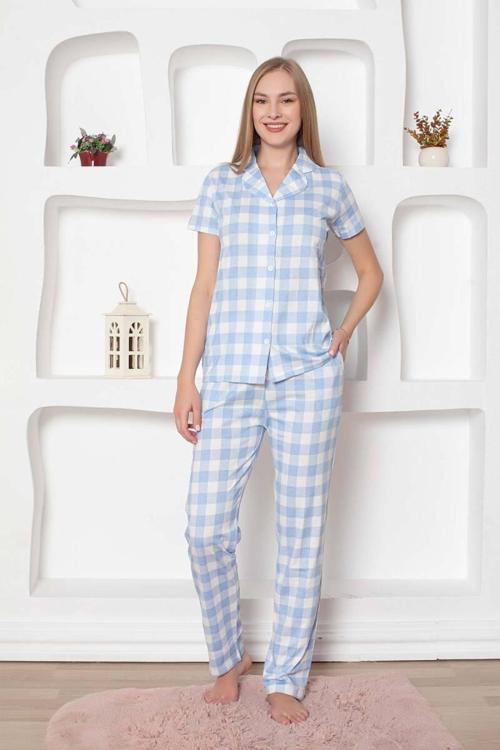 Exclusive Pamuklu Kareli Kısa Kollu Önden Düğmeli Gömlek Pijama Takımı