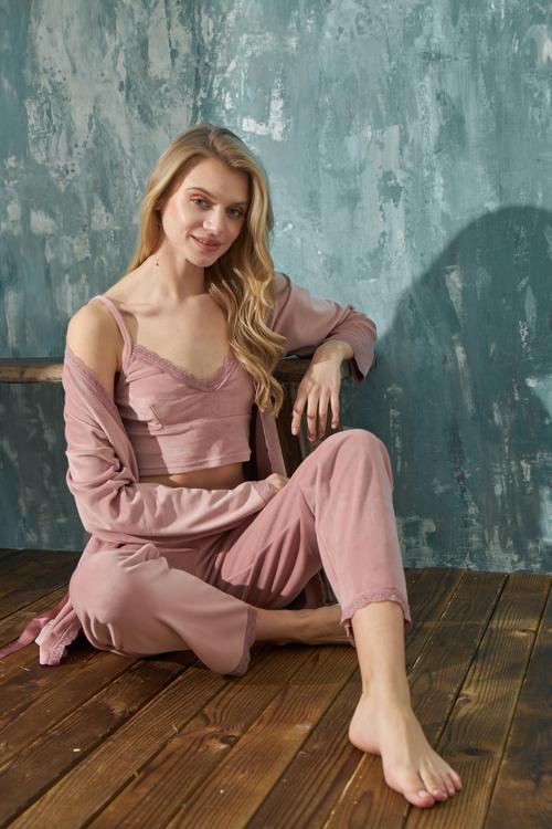 Luxury Velvet Fransız Kadife 3 Parça Sabahlıklı Büstiyer Takım