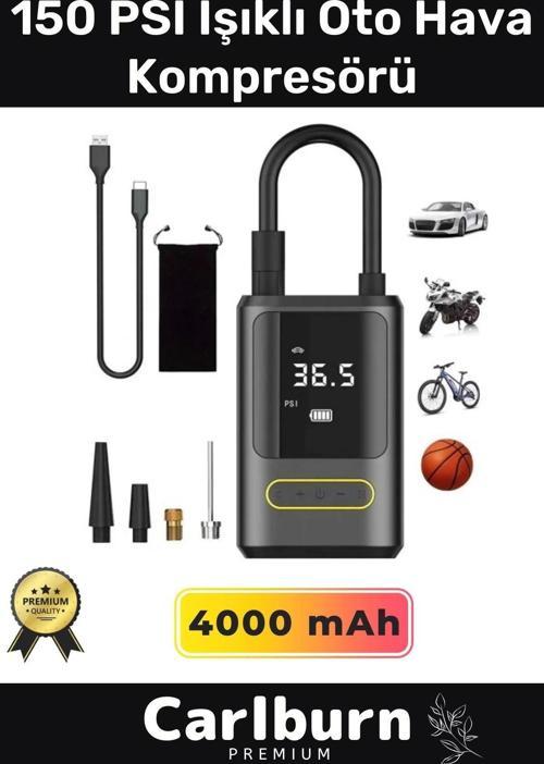 Premium Kablosuz Oto Araç Mini 4000mAh Powerbank 150 PSI Işıklı Aydınlatmalı Oto Hava Kompresörü