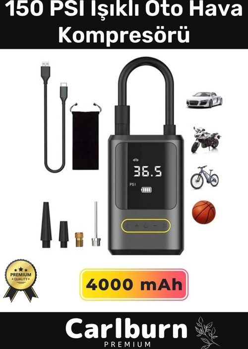 Premium Kablosuz Oto Araç Mini 4000mAh Powerbank 150 PSI Işıklı Aydınlatmalı Oto Hava Kompresörü