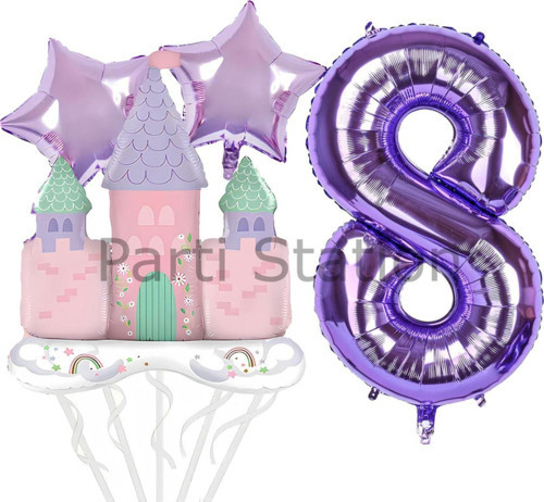 Prenses Konsept 8 Yaş Mor Renk Rakam Balon Set Prenses Evi Şato Balon Konsept Doğum Günü Balon Set