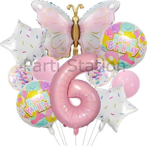 Kelebek 6 Yaş Balon Set Gökkuşağı Kelebek Konsept Doğum Günü Balon Set