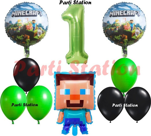 Yeşil Rakam Balonlu Minecraft Konsept Doğum Günü 1 Yaş Balon Set Minecraft Yeşil Siyah Balon Set