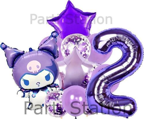Sanrio Kuromi 2 Yaş Mor Balon Set Anime Hello Kitty Kuromi Konsept Doğum Günü Balon Set