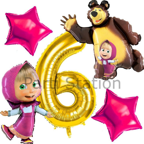 Lisanslı Maşa Ve Koca Ayı Balon 6 Yaş Altın Renk Rakam Balon Set Masha And Bear Konsept Balon Set