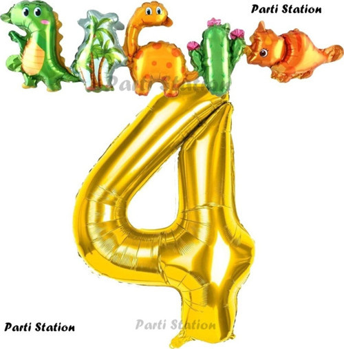 Altın Renk Rakam Balonlu Dinozor 4 Yaş Doğum Günü Parti Yapışık Balon Set Dinozor Tema Parti Set