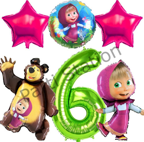 Lisanslı Maşa Ve Koca Ayı Balon 6 Yaş Yrşil Renk Rakam Balon Set Masha And Bear Konsept Balon Set