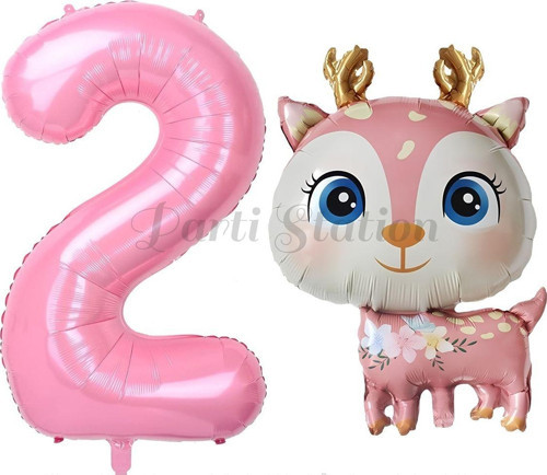 Sevimli Geyik 2 Yaş Balon Set Ceylan Balon Woodland Konsept Geyik Balon Ve Pembe Renk Rakam Balon