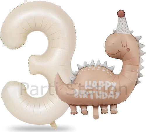 Retro Dinozor 1 Yaş Krem Renk Rakam Balon Set Sevimli Pembe Dinozor Konsept Doğum Günü Balon Set