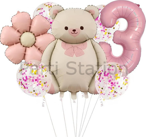 Sevimli Ayıcık 3 Yaş Balon Set Retro Pembe Ayıcık Konsept Doğum Günü Set