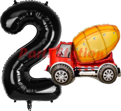 İnşaat Mikser Kamyonu Balon 2 Yaş Doğum Günü Balon Set İş Makinaları Konsept Ve Siyah Rakam Balon
